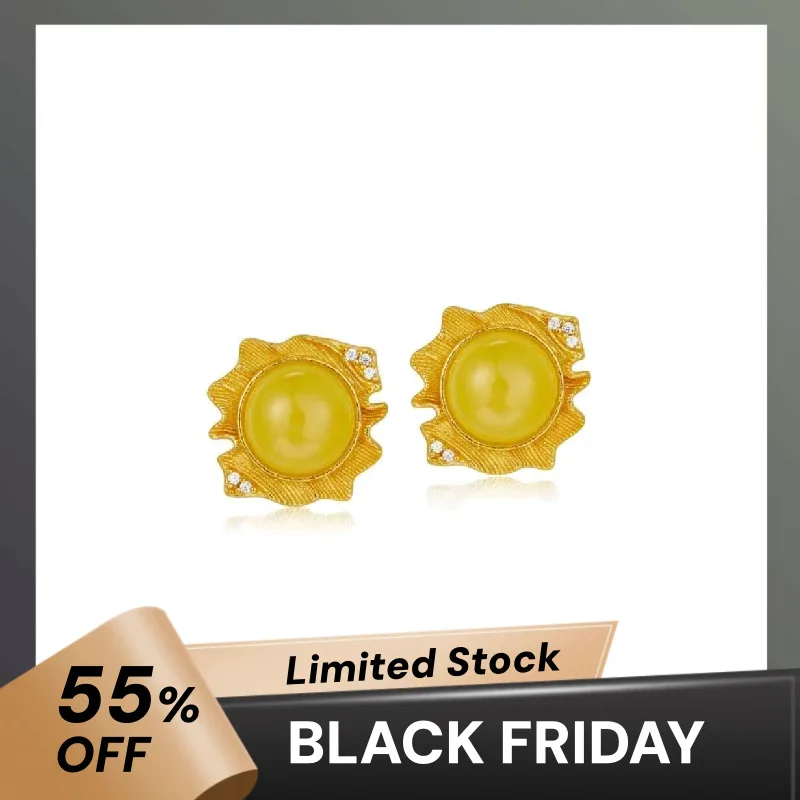 

925 Sterling Silver 18K Gold Plated Natural Cloudy Amber Small Earrings For Women Clearance Limited Stock First Come First Get