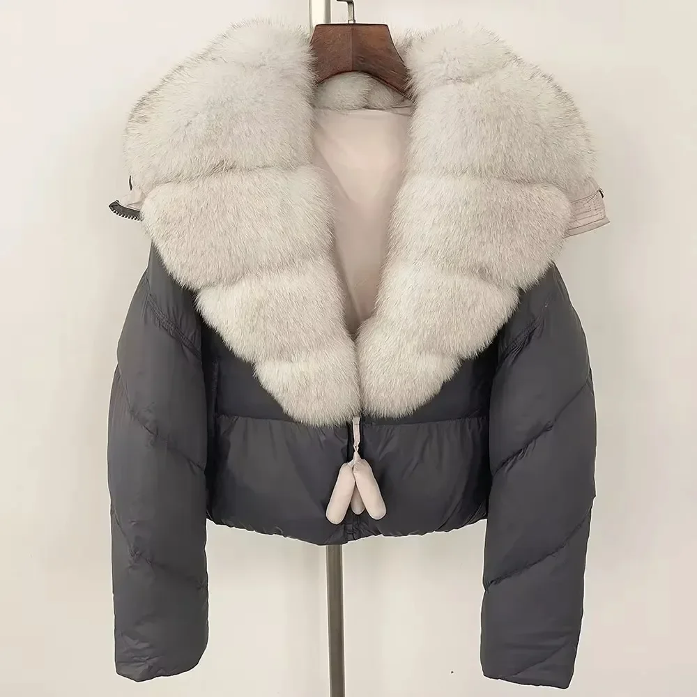 بطة بيضاء أسفل معطف سميكة حقيقية الطبيعية الثعلب الفراء طوق قصيرة معطف الفرو موضة 2025 سترة منفوخة عادية الخريف الشتاء الدافئة النساء #1