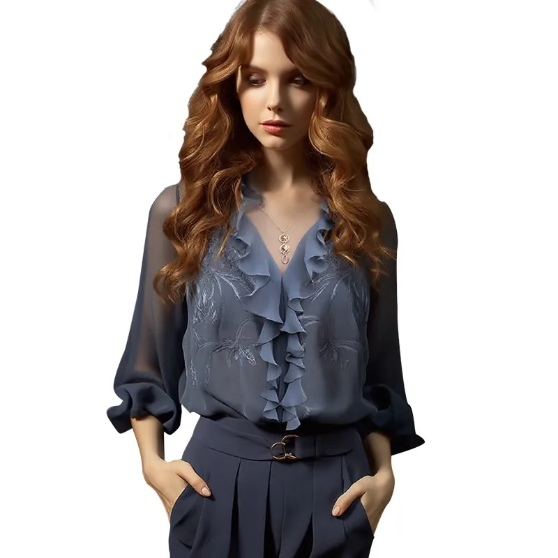 2025 été léger en mousseline de soie haut femmes brodé volants bord col en v chemise ample décontractée printemps été Blouses