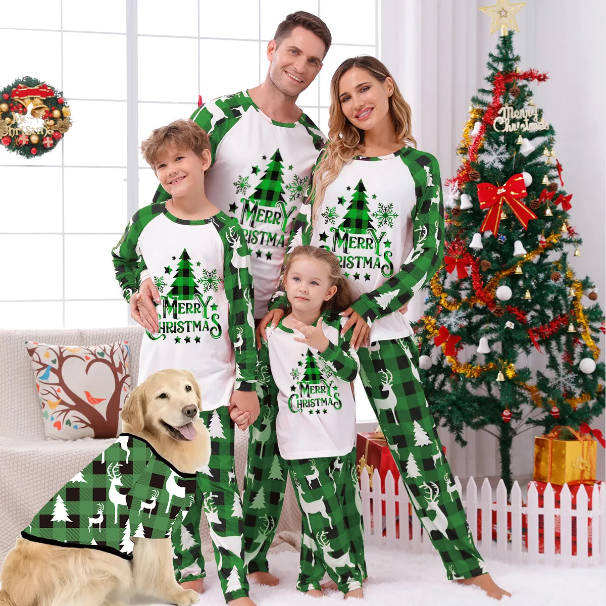 

European and American parent-child home wear, Christmas home wear, parent-child set, checkered patchwork printed home wear