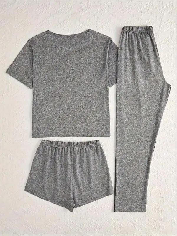 Damski zestaw piżamowy z nadrukiem kreskówkowego kota, 3-częściowa kolekcja odzieży do spania, swobodna, dopasowana odzież nocna na każdą porę roku, odzież domowa