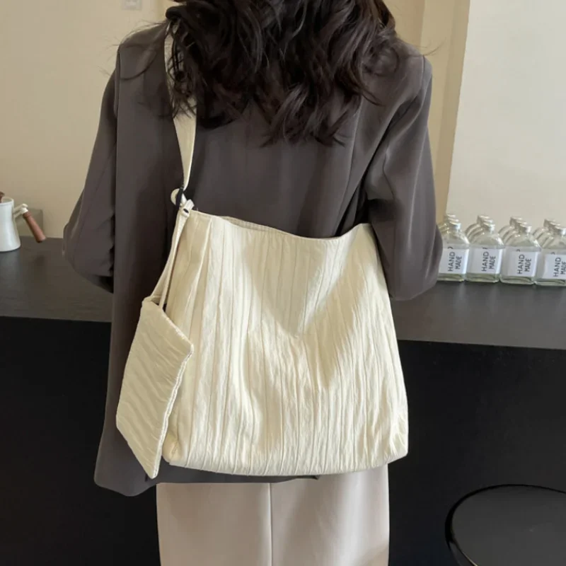 Low-Key Pure White Women Ruched Shoulder Bag Exquisited Nylon Pretty Versatile Crossbody Leisure Commuter Composite Bag