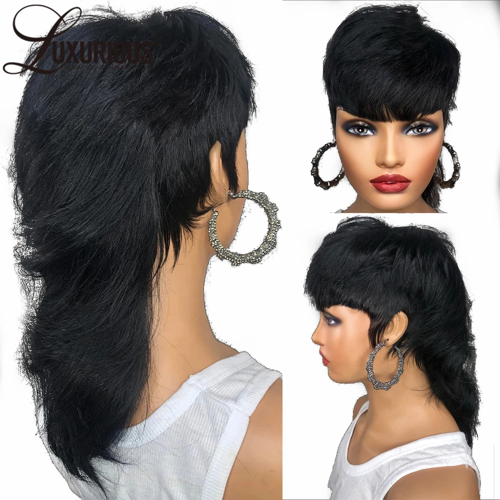 150 Density Straight Short Pixie Cut Remy Human Brazilian Hair Wigs Wear And  Full Machine Made Wig With Bangs