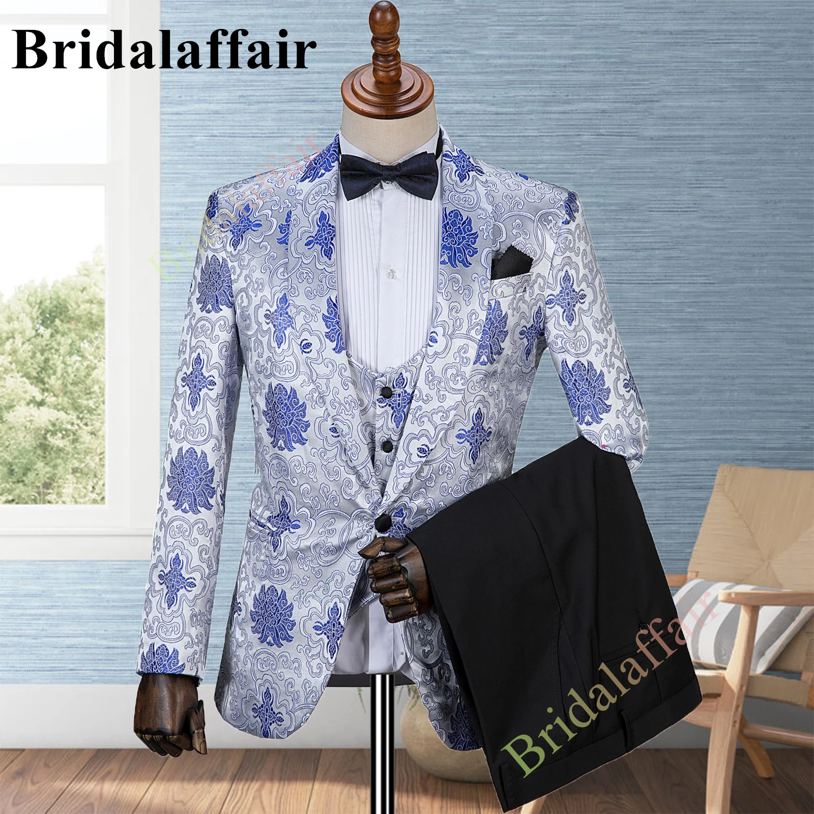 Bridaldiary-terno prata para homens, terno de 3 partes, slim fit, estampado floral azul, para casamento, jaqueta blazer, colete, calças, traje