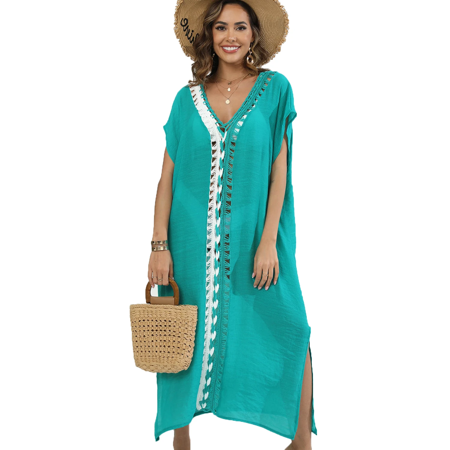 Contrast Color Hollow Hand Crochet Long Maxi Beach Dress Women Bikini Cover-up Swimsuit Coat V Neck Split Beachwear Sunscreen
