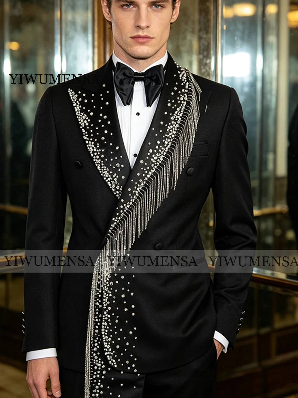 

Luxury Jewelry Ornament Beaded Suits Men For Wedding Double Breasted Jacket Pants 2 Pieces Groomsman Tuxedo Customized Man Dress