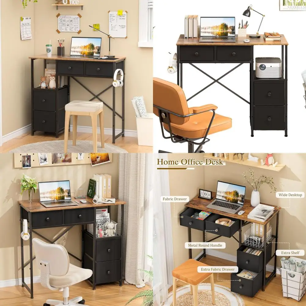 مكتب ريفي مدمج باللون البني مع 4 أدراج قماشية لدراسة المكاتب المنزلية وغرفة نوم الأطفال