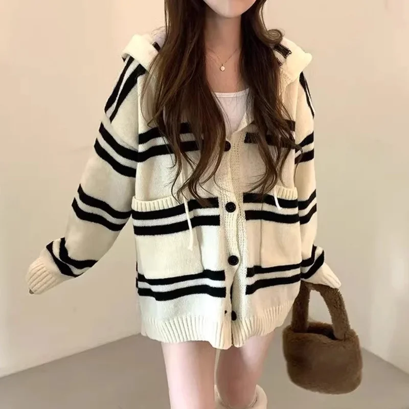 

Chic Autumn Winter Hooded Striped Long Sve Knitted Open Cardigan Sweater Women's Loose Fit Casual Outerwear Commute Sle