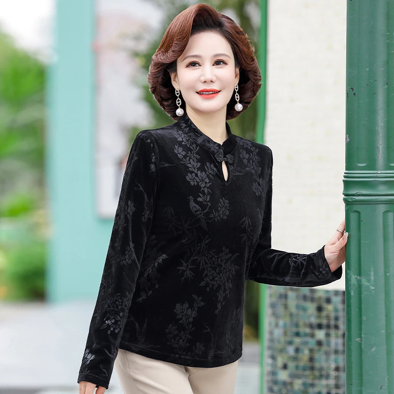 Women\'s Pullover Tops Gold Velvet Shirt Spring and Autumn Office Lady Long Sleeve Middle Age Mother Clothing