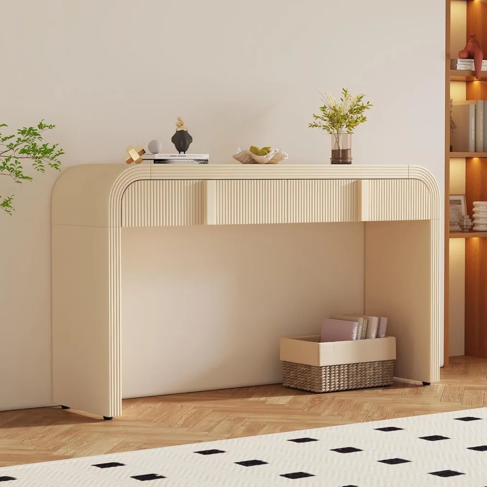 

55'' Fluted Console Table with Storage Drawers, Wood Modern Curved Entryway Table with Storage for EntryWay, Hallway, Foyer (Bei