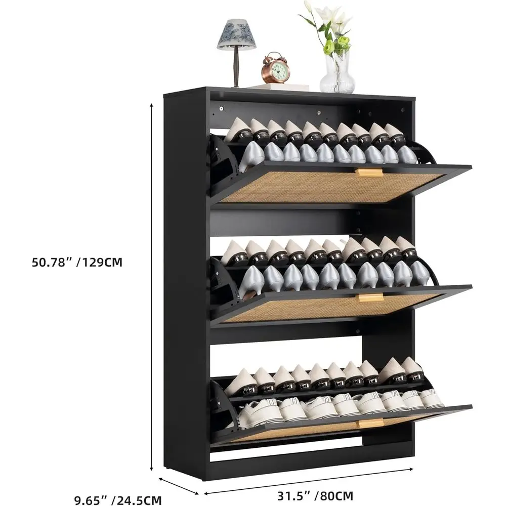 Extended Edition Shoe Cabinet with Natural Rattan lip Ders or Entryway, ree Standing 3 Tier Slim Shoe Organizer, Shoe Cabinet wi