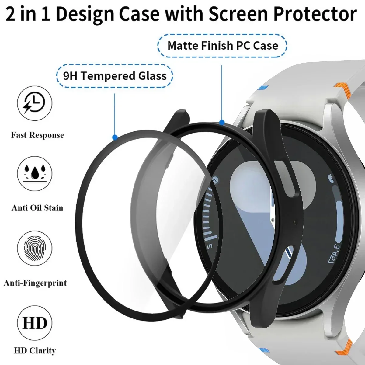 Band+Case for Samsung Galaxy Watch 7 6 40mm 44mm Silicone Strap Bracelet PC Protector Cover Bumper Tempered Glass Screen Film