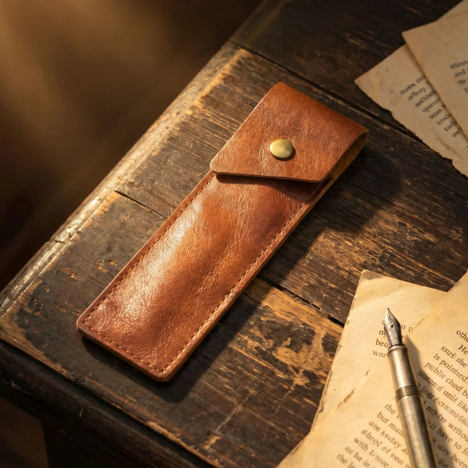 Premium Handcrafted Textured PU Leather Pen Holder, Practical Metal Snap Design Dual Pen Slots Slim Portable Stationery Pouch