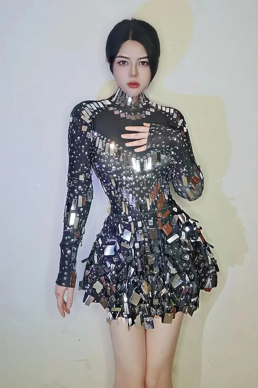 Sparkle Silver Rhinestone Sequins Long Sleeve Mini Dress Women Evening Party Short Dresses Singer Dancer Stage Performance Wear