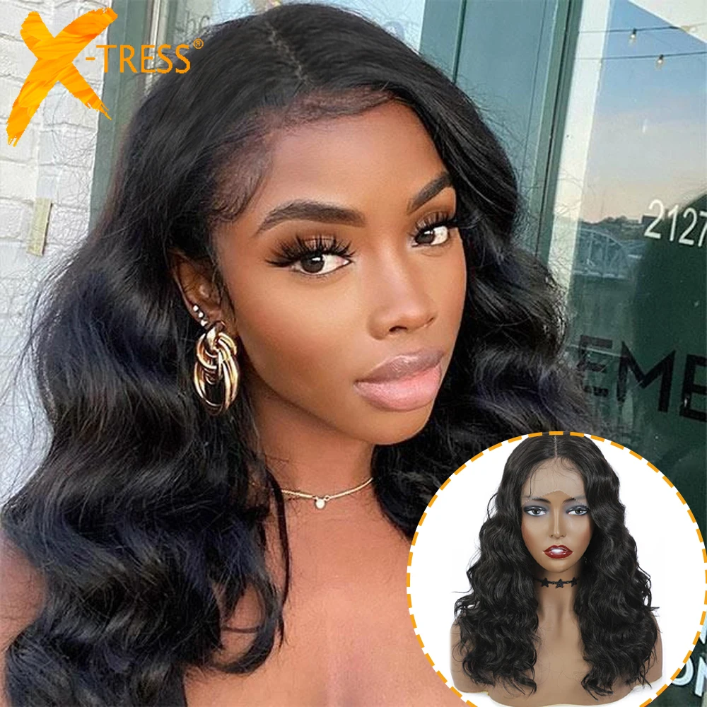 X-TRESS Wig Renda Depan Sintetis untuk WANITA HITAM Bagian Tengah Gelombang Longgar Wig Rambut Bergelombang Coklat Alami Lembut Renda Swiss Transparan