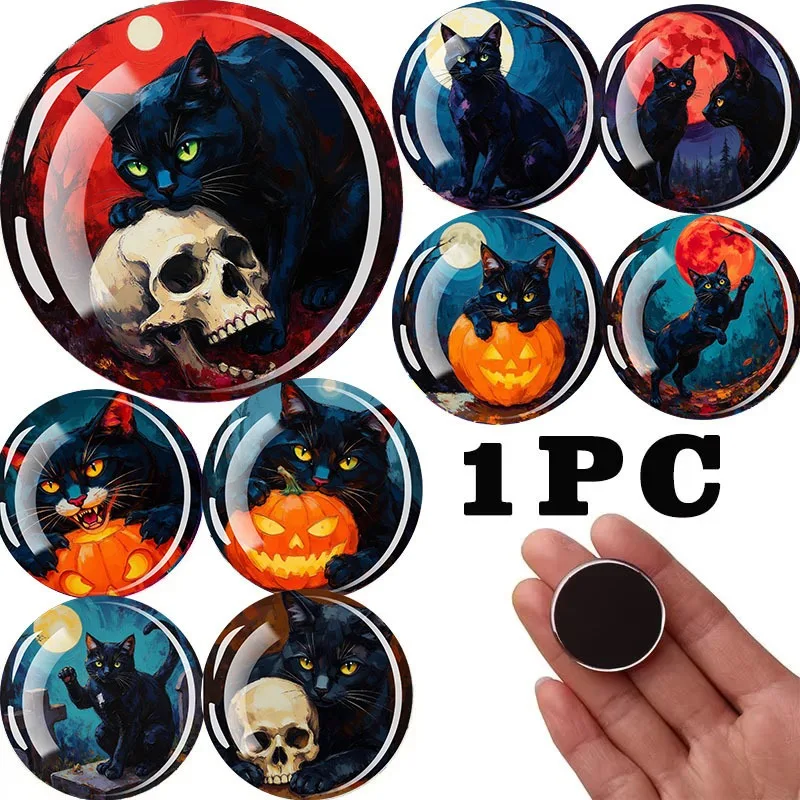 1PC 30MM Halloween Black Cat Skull Dome Glass Circular Refrigerator Sticker Halloween Skull Home Decoration Halloween Party Gift