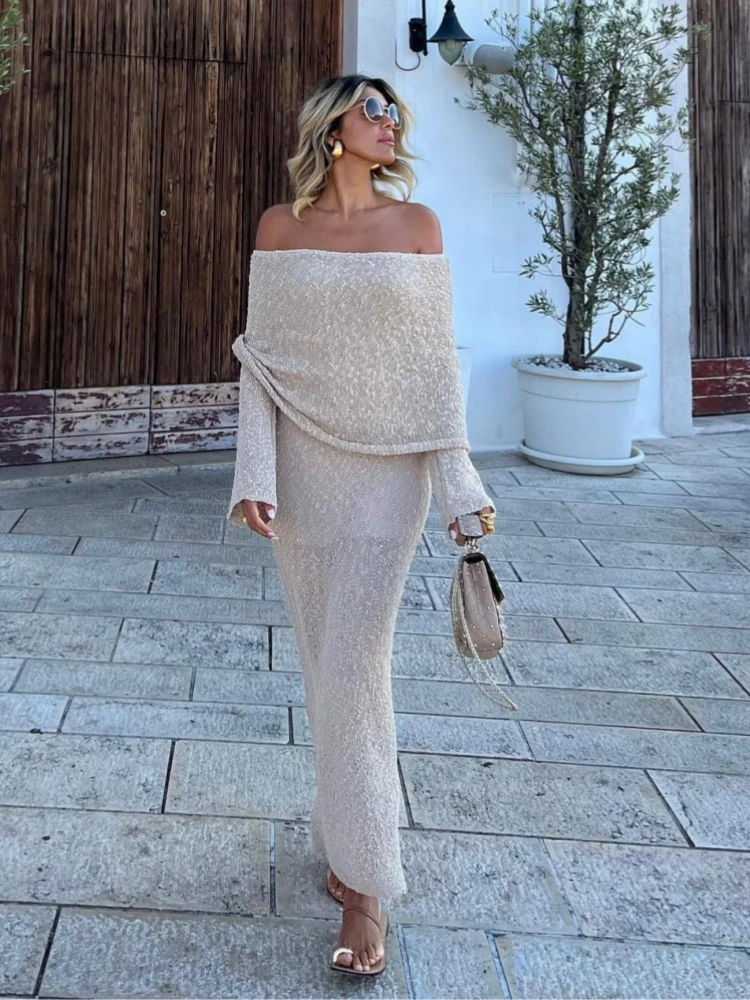 Beach Long Sleeve Knitted Hollow Out Summer Dress For Women Sexy Slash Neck Bodycon Maxi Dress Elegant Holiday Party Dress