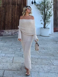 Beach Long Sleeve Knitted Hollow Out Summer Dress For Women Sexy Slash Neck Bodycon Maxi Dress Elegant Holiday Party Dress