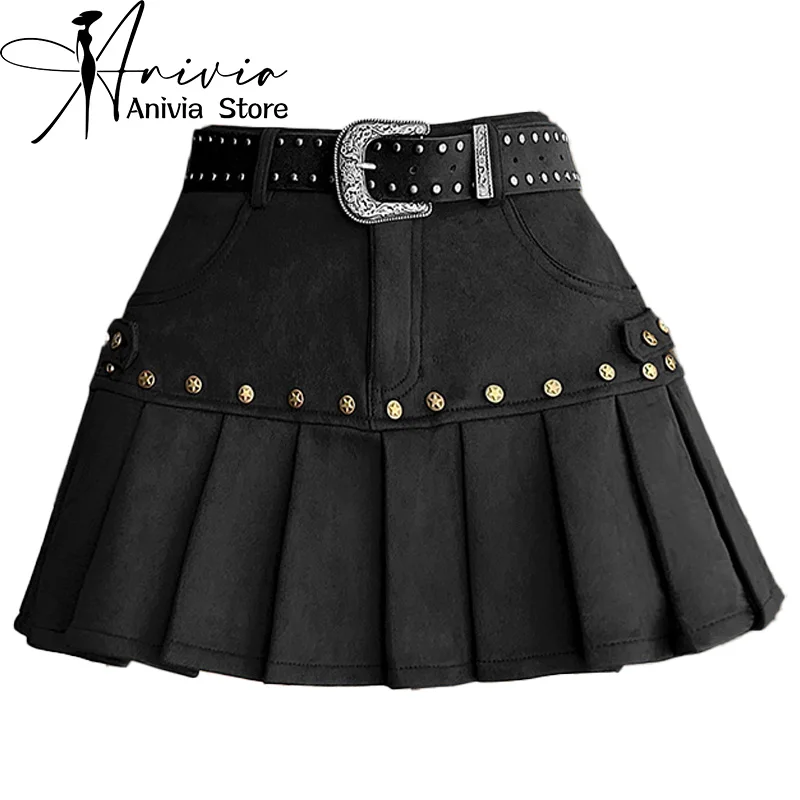Women's Black Brown Studs A-Line Mini Skirt Y2K Autumn Winter Japanese Harajuku Style Fashion Cute School Retro Short Skirt 2026