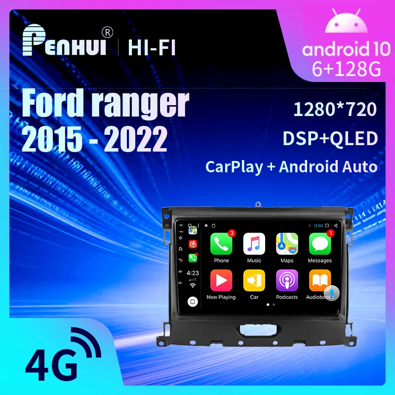 Lecteur vidéo DVD de voiture pour Ford Ranger, Navigation évitée, Android 10, No 2Din, Limitation de l'autoradio, GPS, 2015 - 2022