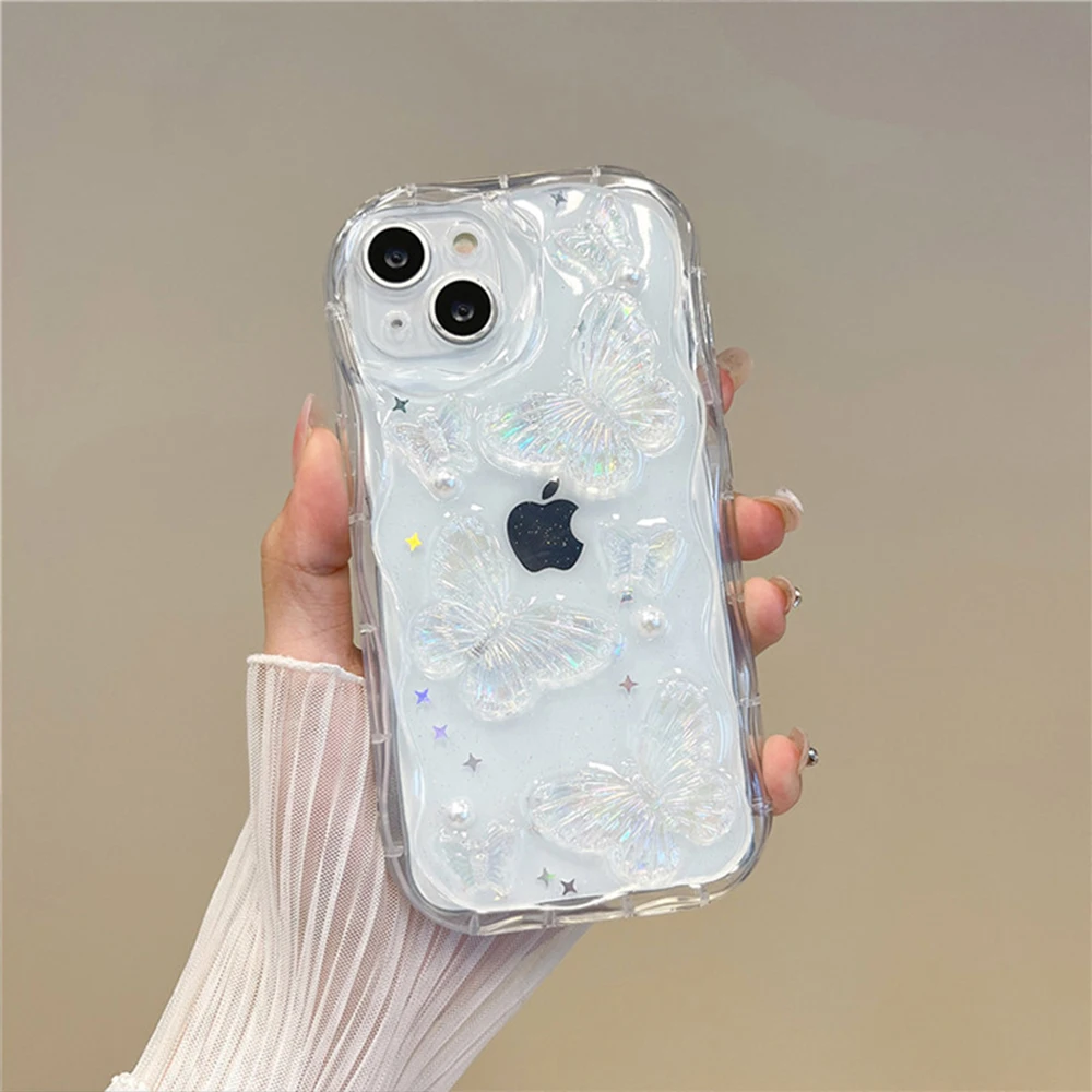 15 Pro Max 3D Butterfly Crystal Bling Glitter Clear Case For iPhone 15 14 13 12 11 Pro Max Shining Star Pearl Wave Cover 15 Pro