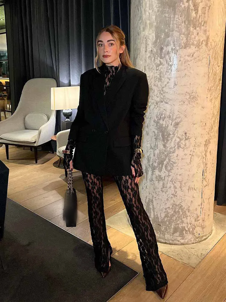 HH 2 pezzi set di pantaloni in pizzo per le donne tendenza moda scava fuori tute slim + pantaloni svasati leggings lunghi da donna versatili