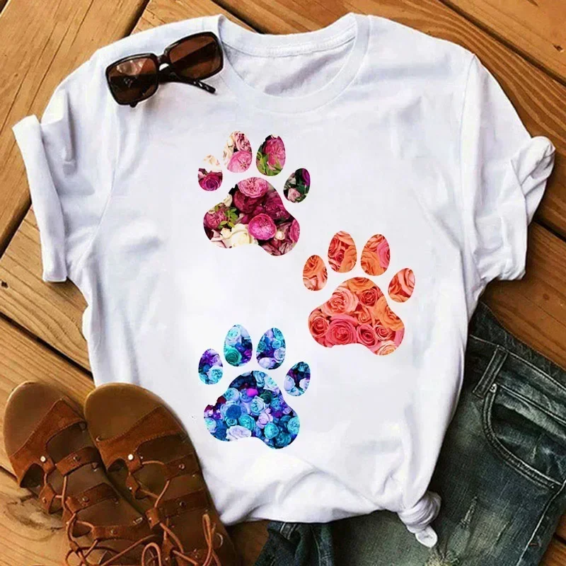 Women T Shirt Cartoon Tops Colorful Heart Dog Paw Print T-shirt Female Summer T-shirt Girls Short Sleeve Tee Black T-shirts image 4