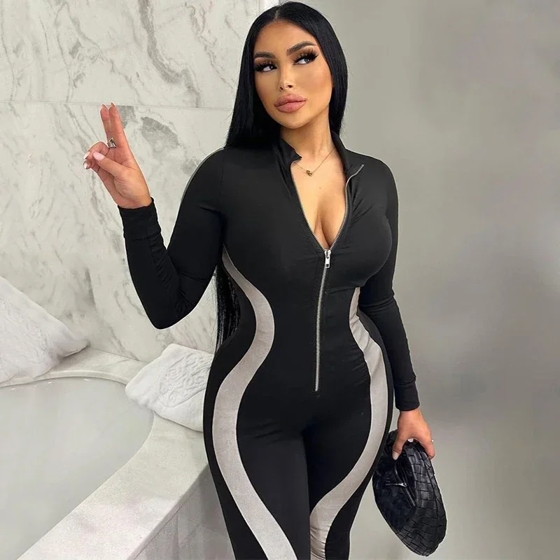 Zip Up Long Sleeve Jumpsuit Women Fashion Patchwork Sports Jumpsuit Autumn Winter Tight Fitness Overalls Black