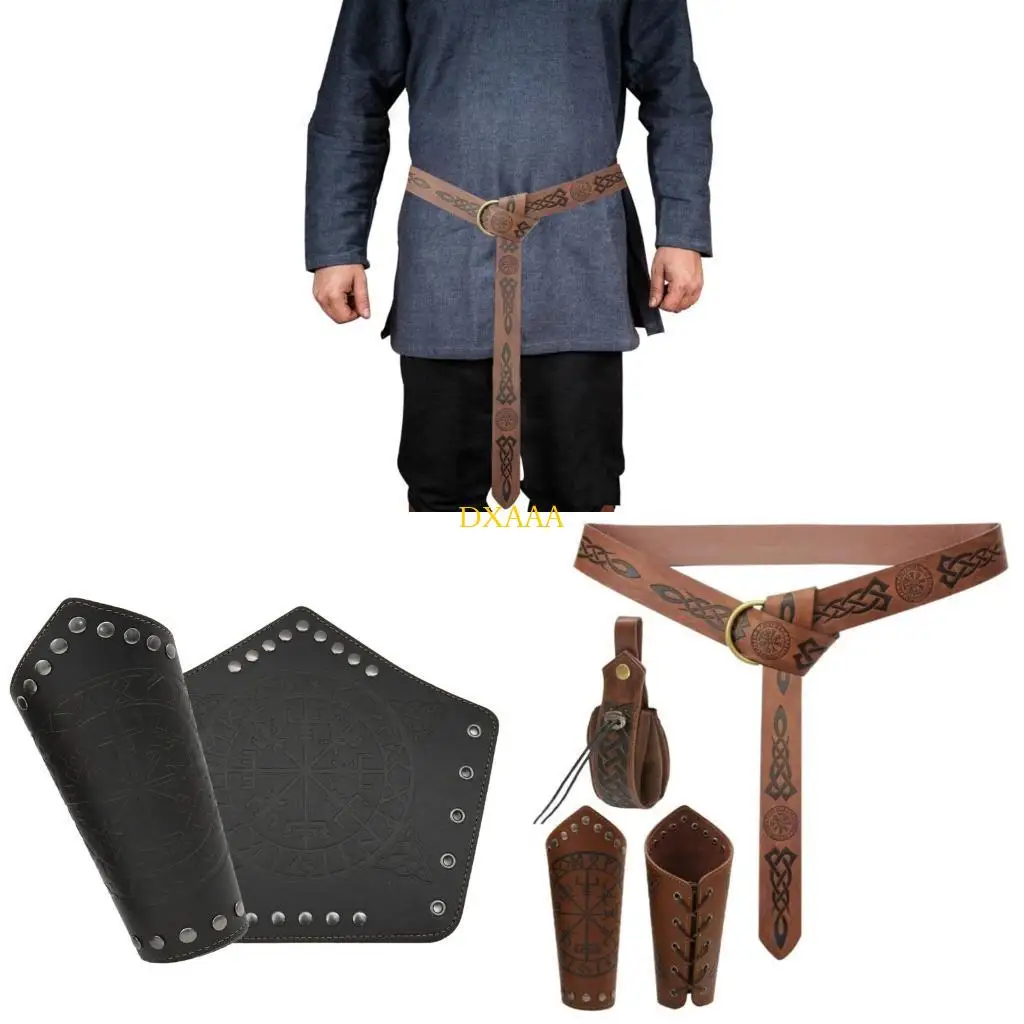 

DXAA 4 Pcs/Set Medieval Cosplay Set Belt PU Leather Waist Bag Arm Bracers Knights Decoration for Women and Men