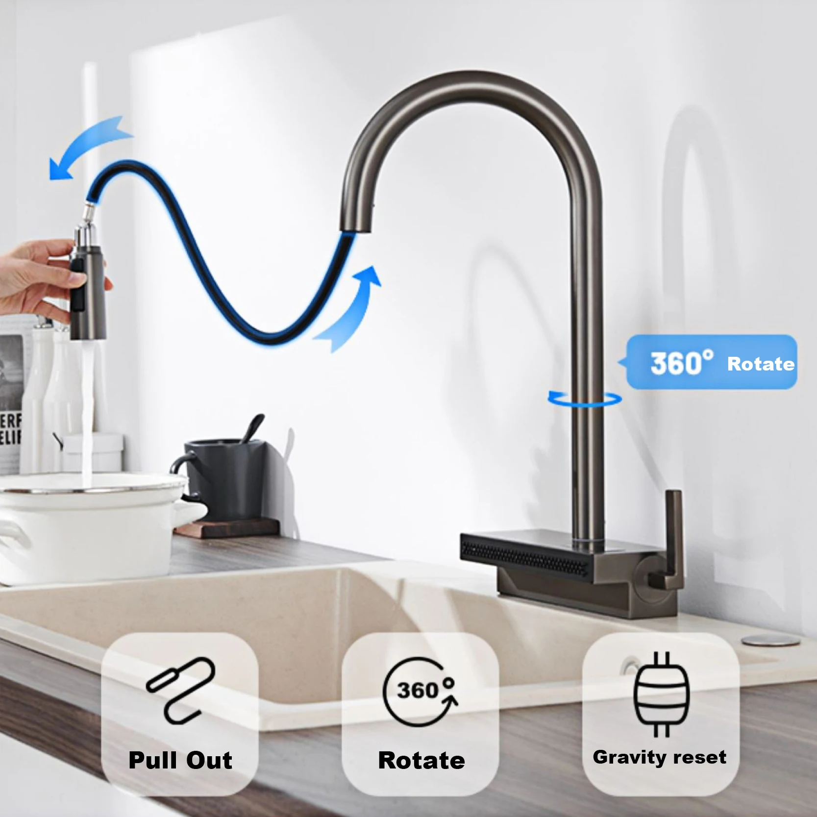 Gunmetal Gray Kitchen Sink Faucet LED Display Pull Out 2 Function Sprayer Hot Cold Mixer Single Hole Modern Brass Mixer Tap
