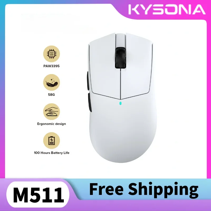 ماوس ألعاب Kysona M511 لاسلكي 58 جرام خفيف للغاية PAW3395 26000 ديسيبل متوحد الخواص وصلة ثلاثية الأوضاع كابل الكمون المنخفض ملحقات ماوس الألعاب