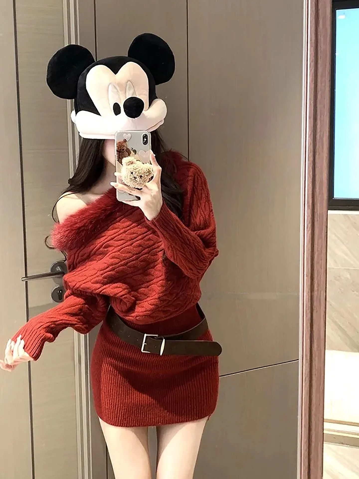 

New Year Red Thiened Winter Warm Women's Dr Fur Collar Asymmetrical oulder Body a ort Skirt Knitted Casual