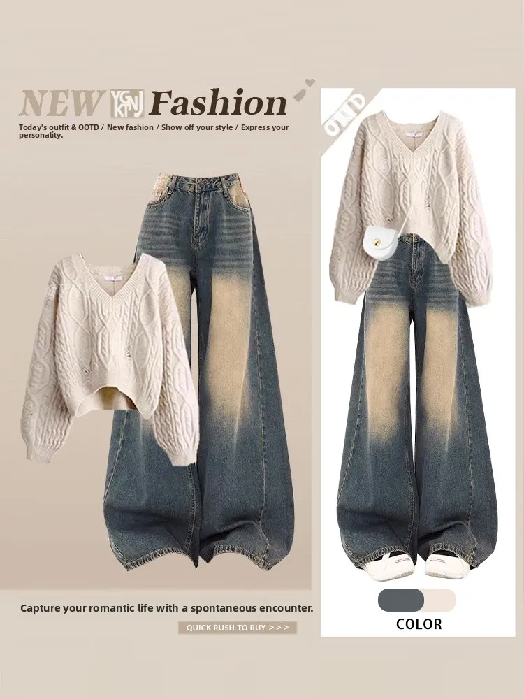 

Loose Feelings Korean Sle Women's Faion Set Early Autumn Lazy Sle Sweater with Full Set Jeans Two Piece Set Casual roun...