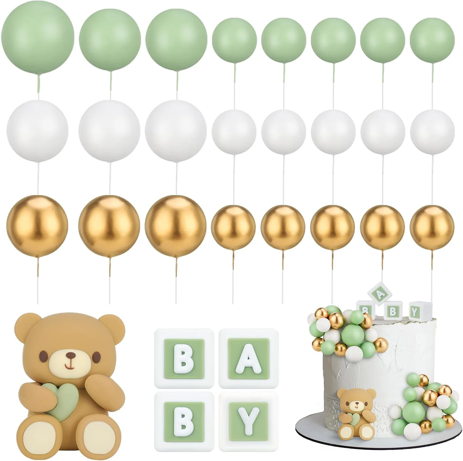 

40pcs Cake Topper Ball Cute Bear Cake Toppers BABY Letter Gold White Foam Cake Decoration for Birthday Party Baby Shower Supplie