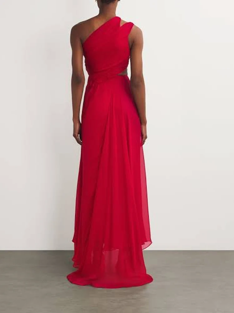 Abito lungo sexy con taglio monospalla da donna – Abito rosso diviso con dettaglio anello dorato – Elegante abito da sera