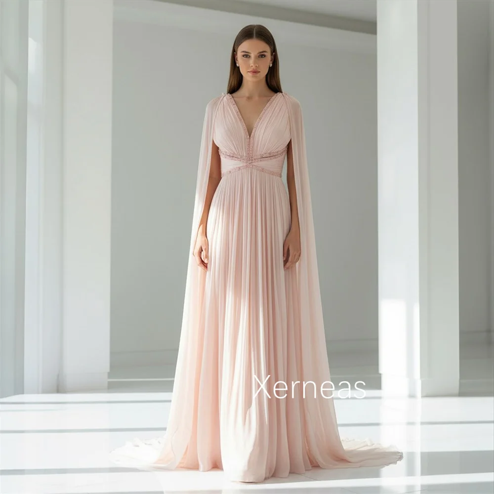Customized High Quality Chiffon Pleat Sequined A-line V-neck Long Dresses Bespoke Occasion Homecoming Exquisite