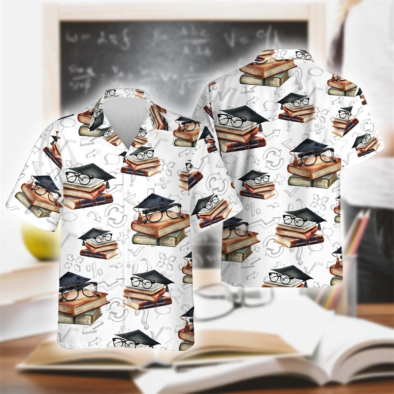 2024 Graduation Season Gift 3D Print Shirts For Men Clothes Bachelor Hat Graphic Blouses Reading Book Short Sleeve Class Uniform