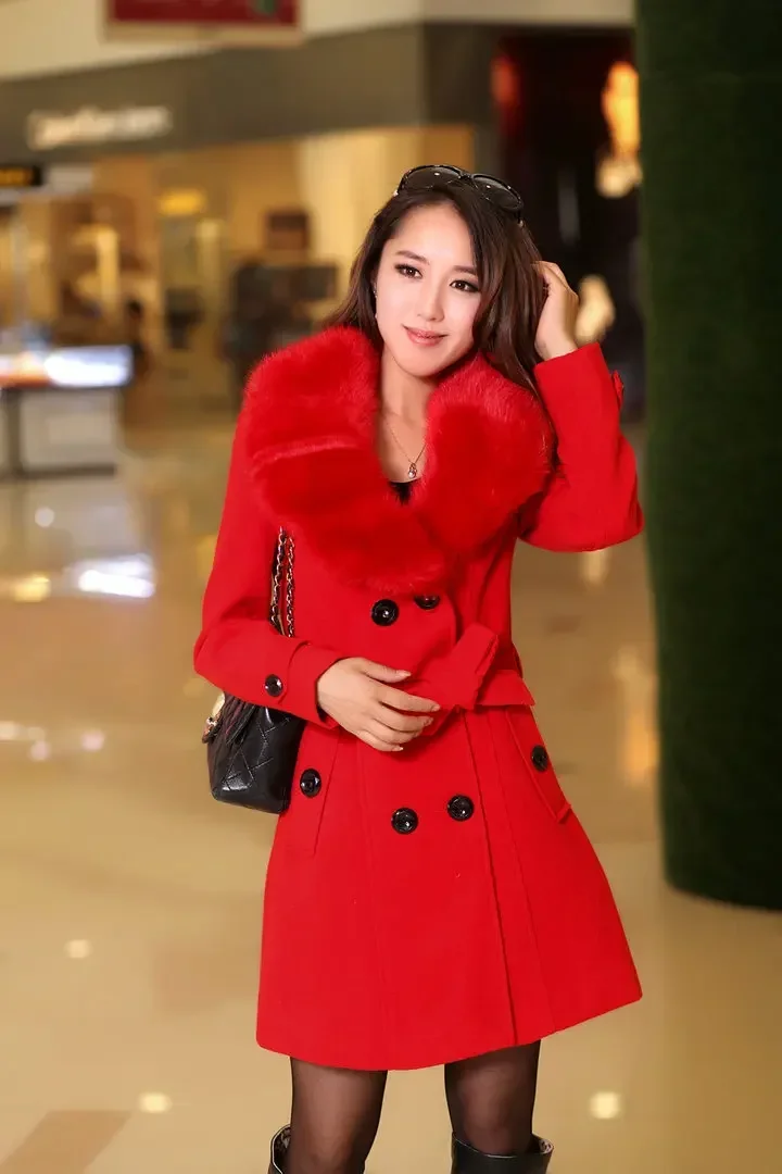 Mid Length Wool Coats Women Fur Collar Splice Blends Korean Full Sleeve Double Breasted Lace Up Belt Thick Warm Winter Jackets