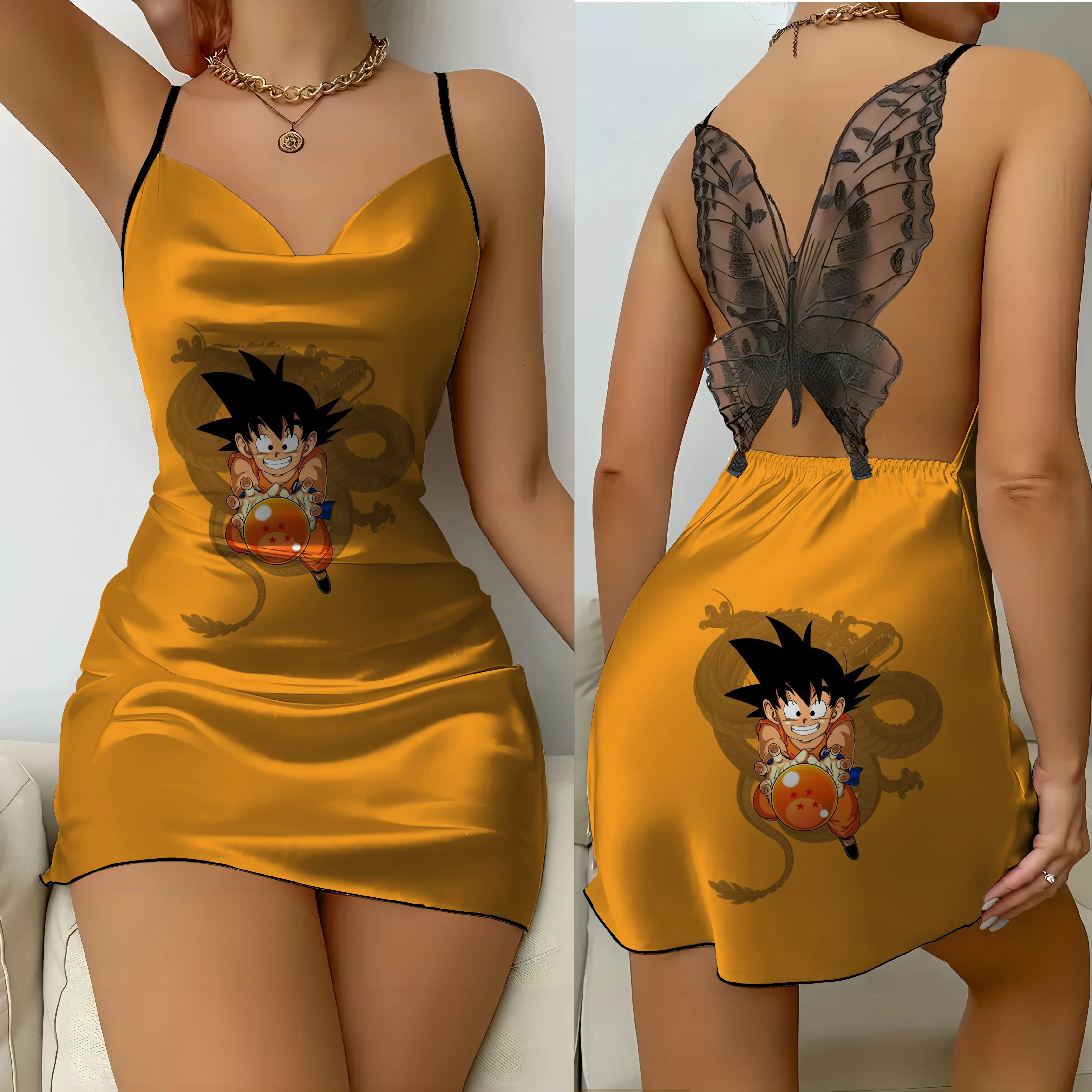 Falda de pijama con espalda descubierta para mujer, vestido de fiesta con lazo, Bola de Dragón, superficie de satén, Son Goku, moda de verano 2024