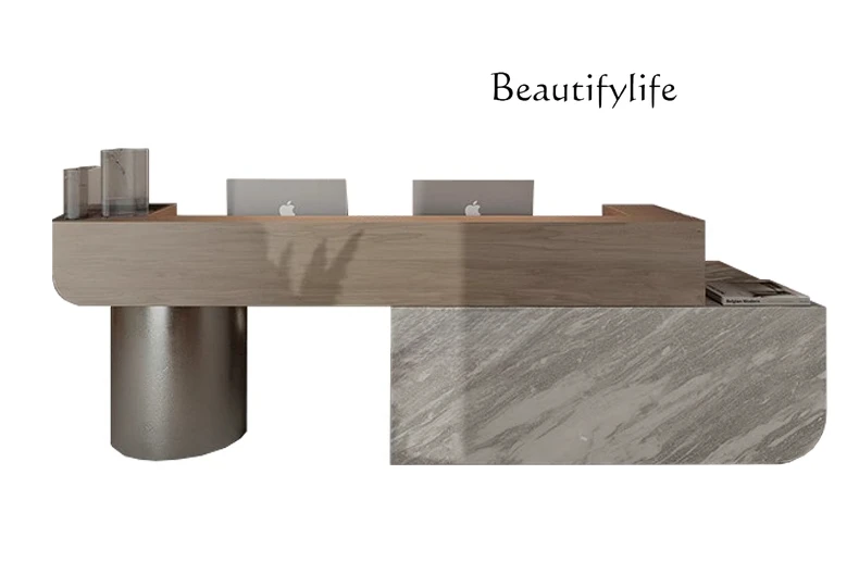 

Light luxury lady beauty salon front desk stainless steel reception desk checkout page clothing store counter solid wood