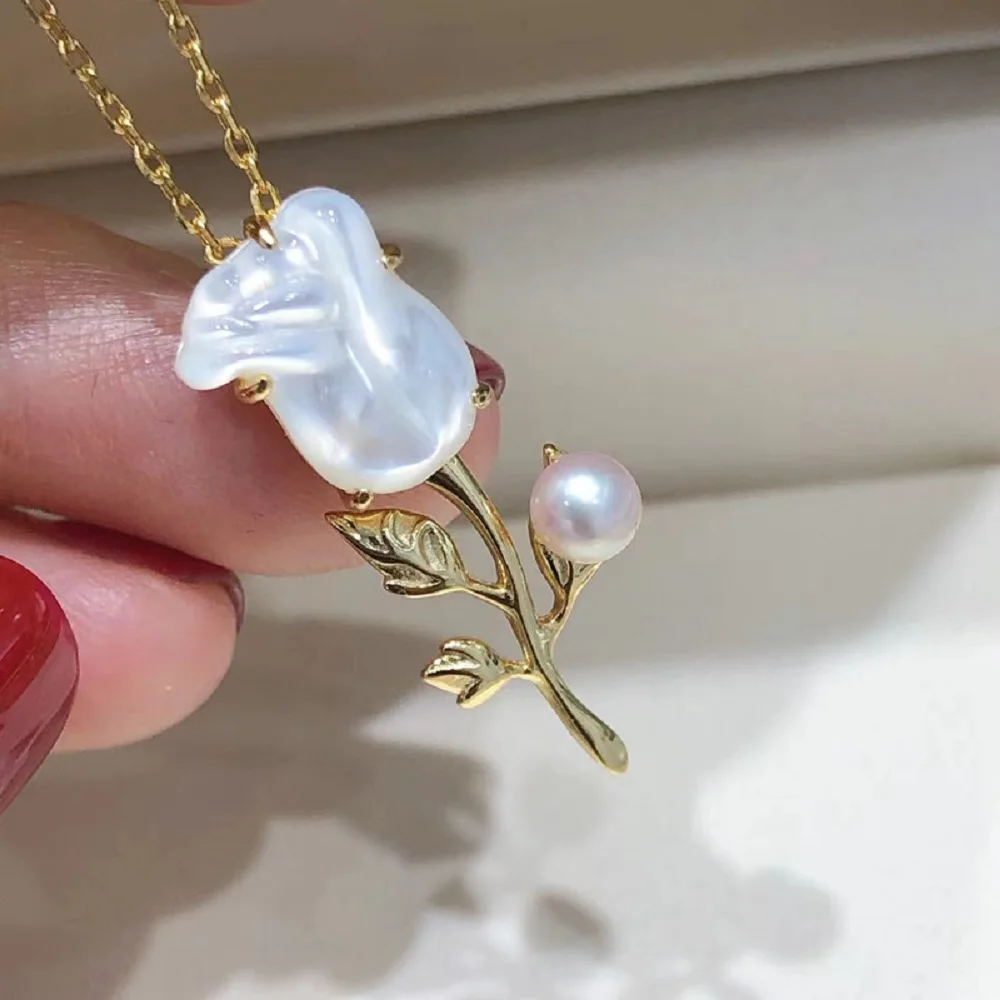 

Новый кулон из стерлингового серебра 925 пробы с розой, жемчужный кулон с барочным жемчугом Южных морей AAA4-5+13-18 мм, 18 дюймов.