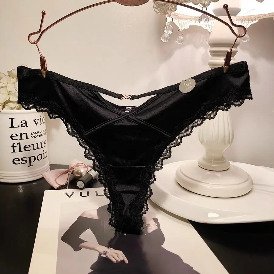French Satin Sexy Women\'s Thongs Temptation Lace Embroidery Hollowed Panties Soft Thin Cotton Crotch Breathable Briefs Lingerie