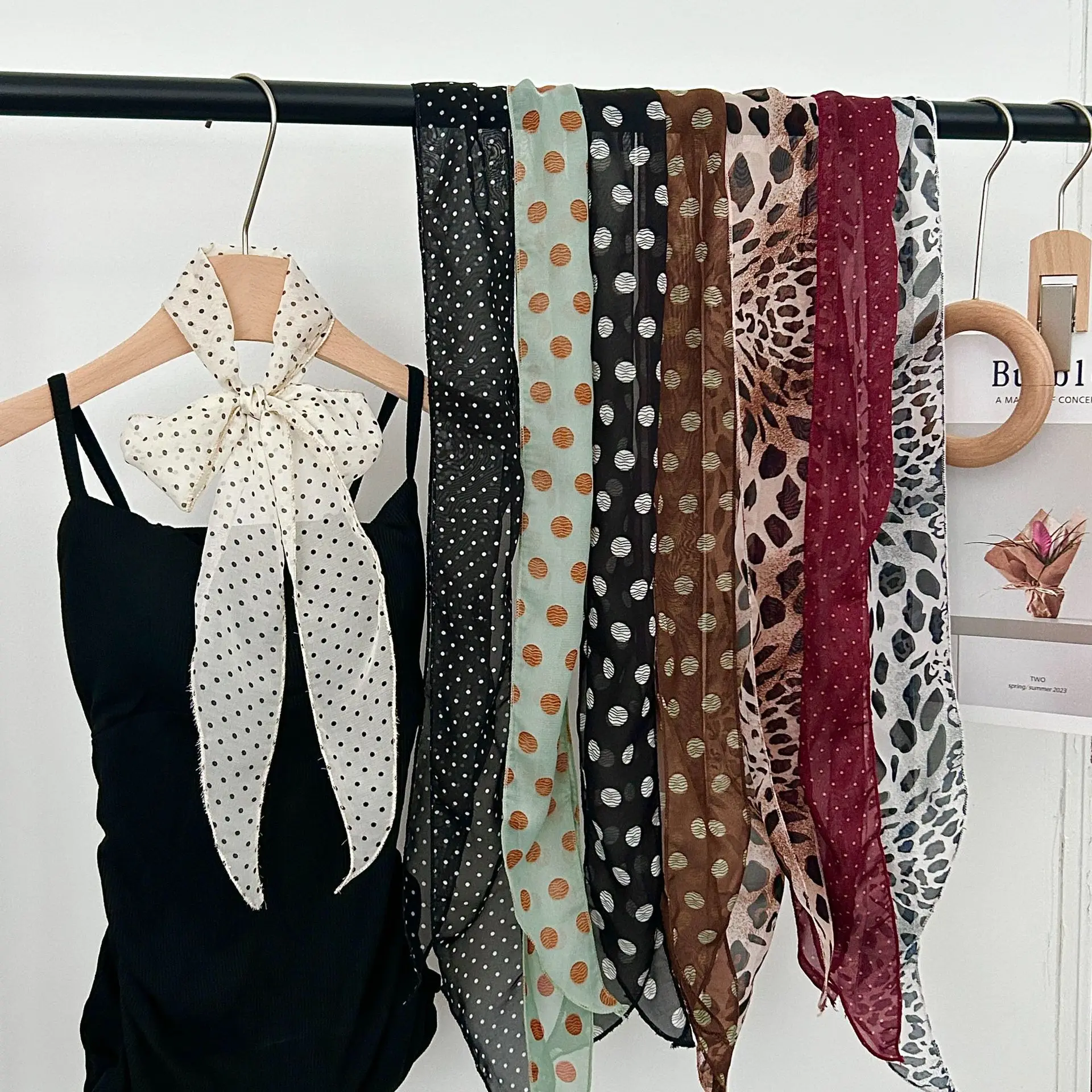 Chiffon Scarf Leopard Polka Dot Long Skinny Multifunctional Neck Scarf Hair Band Bag Strap Belt Wrap Shirt Decor Gift Box