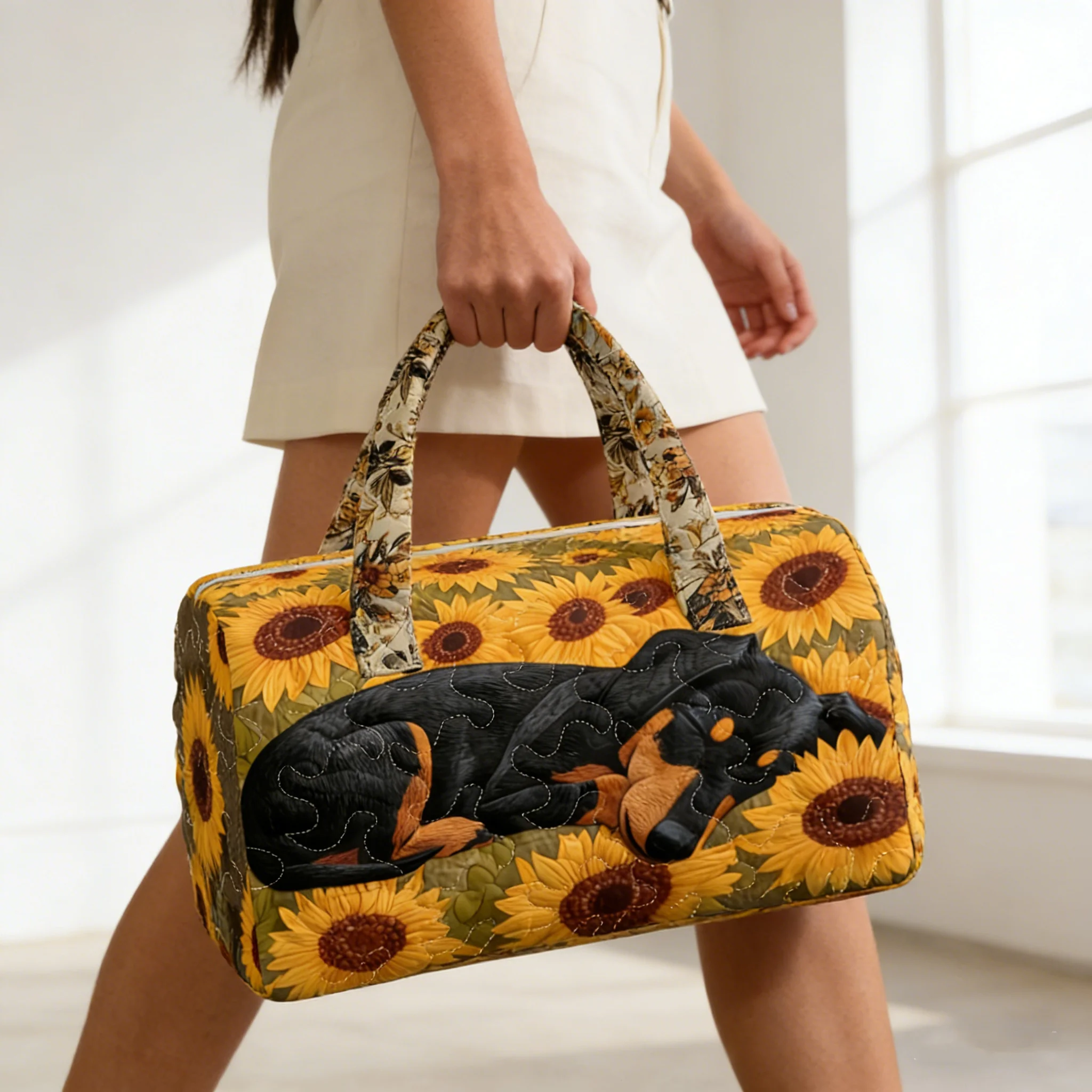 

Animal Design Quilted Duffel Bag Women Men Travel Tote with Sunflower Print Perfect Weekend Overnight Bag