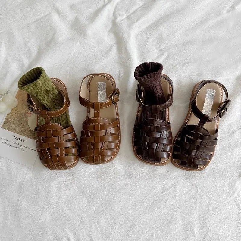 Children's Woven Baotou Beach Shoes 2024 Summer New Girl's Versatile Fashion Soft Sole Princess Sandals Boutique Clothing