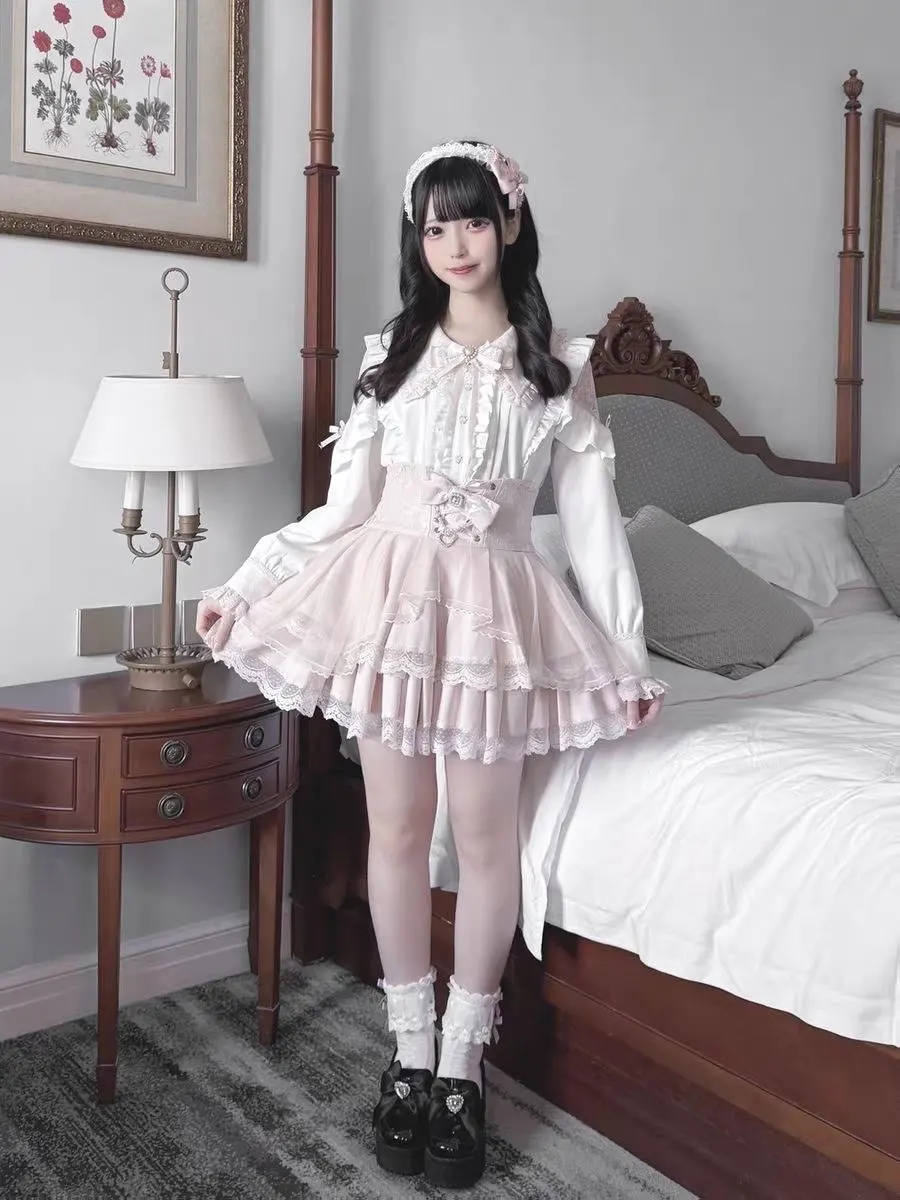 Harajuku Kawaii Skirt Sets Women Sweet Lace Off Shoulder JK Bow Blouse High Waist Lolita Mini Skirt Gothic Y2k  Uniform Suit