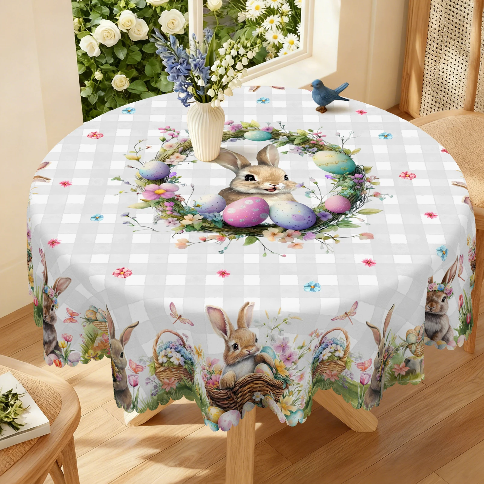 Rabbit-Themed Tablecloth with Floral Wreath Design, Light Gray Plaid Style, Featuring Cute Rabbits, Dragonflies, Butterflies, Easter Eggs, and Floral Patterns, Available in Various Sizes, Embossed Edges, Waterproof, Wrinkle-Resistant, Fade-Resistant, Available in Round and Rectangular Shapes, Suitable for Indoor and Outdoor Dining Tables in Spring, Summer, Autumn, and Winter, Ideal for Home, Kitchen, Restaurant, Terrace, Courtyard Use, Buffet Outdoor Parties and Camping, Perfect as a Gift Easter010