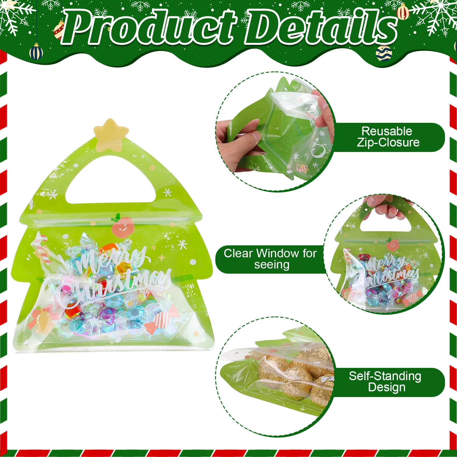 30 قطعة من أكياس حلوى عيد الميلاد، حقيبة جودي زيبلوك الأيائل، أكياس هدايا شجرة عيد الميلاد القابلة للإغلاق، حقيبة زيبلوك شفافة لطيفة على شكل إلك للحلوى، #3