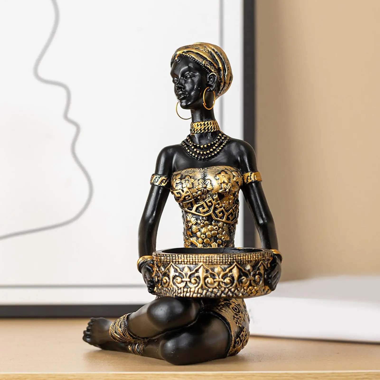 African Figurines Resin Table Storage Organizer African Woman Statues Storage Holder for Candy Jewelry Ring Key Earring Home