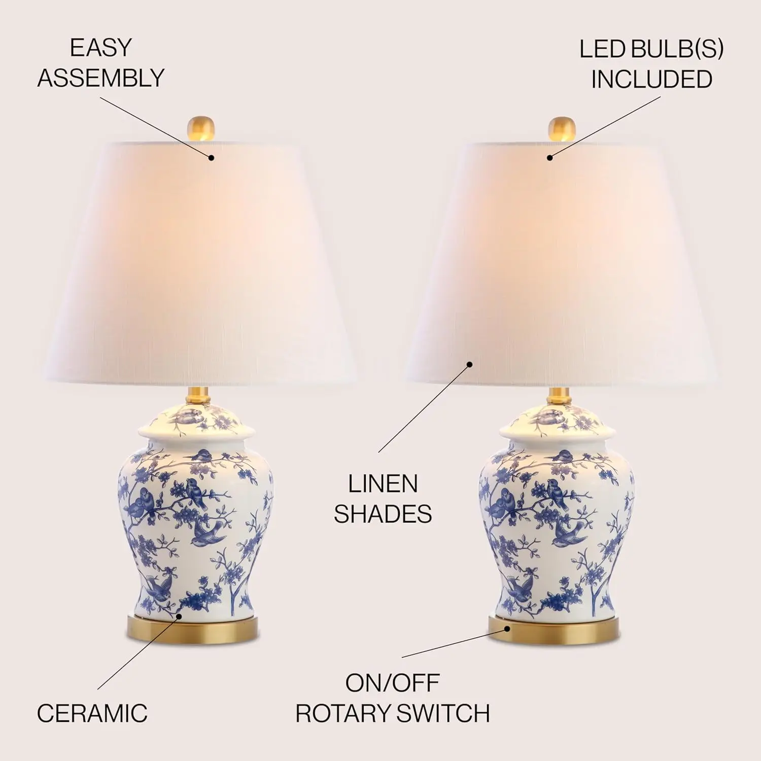 Set of 2 Blue/White Chinoiserie Table Lamps, 22" Traditional Design for Bedroom, Living Room, Office